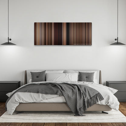 3:10 to Yuma color palette canvas above a bed, between two black pendant lamps