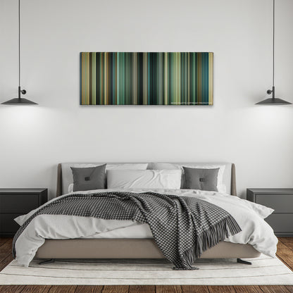 Taken 2 color palette canvas above a bed, between two black pendant lamps