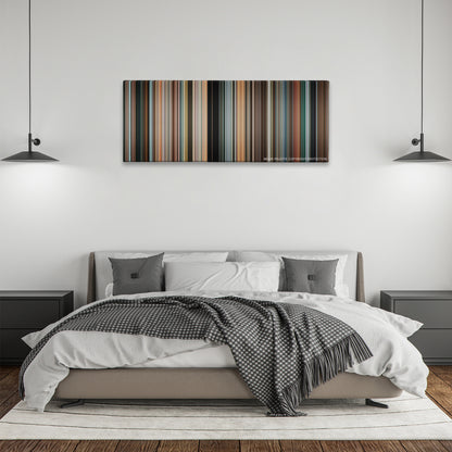 RED color palette canvas above a bed, between two black pendant lamps