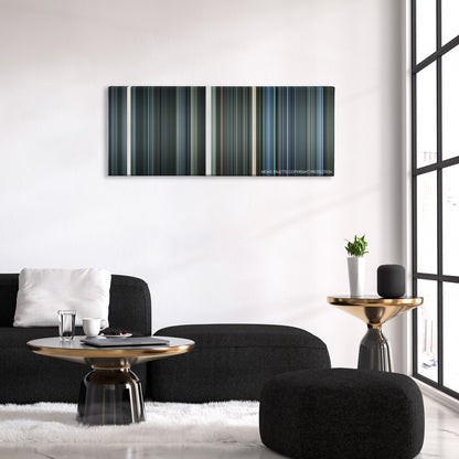 Iron Sky color palette canvas above a black sofa with a gold-topped table