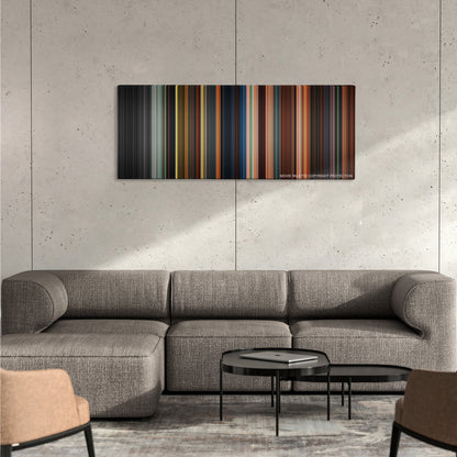 Oz the Great and Powerful color palette canvas on a concrete wall above a gray sectional sofa