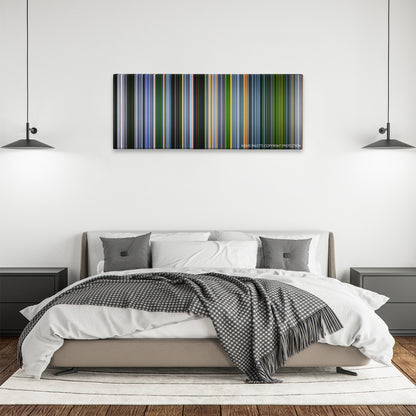 The Experiment color palette canvas above a bed, between two black pendant lamps