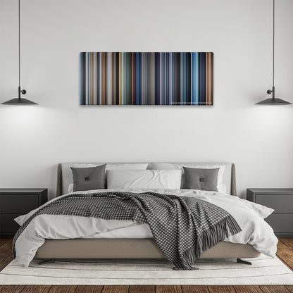 A.I. Artificial Intelligence color palette canvas above a bed, between two black pendant lamps