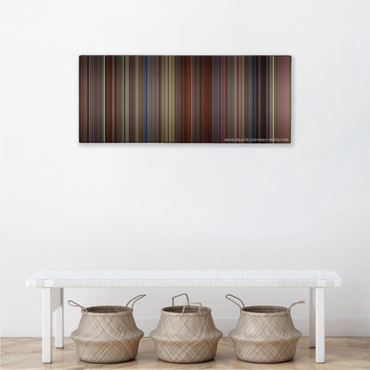 Sense and Sensibility color palette canvas above a white bench with three woven baskets
