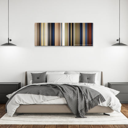 The King color palette canvas above a bed, between two black pendant lamps