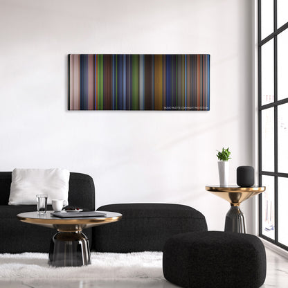 Saw: The Final Chapter color palette canvas above a black sofa with a gold-topped table