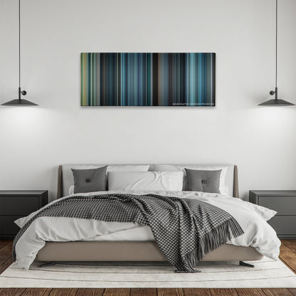 The Expendables 2 color palette canvas above a bed, between two black pendant lamps