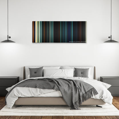 Season of the Witch color palette canvas above a bed, between two black pendant lamps