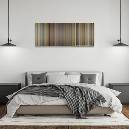 Deja Vu color palette canvas above a bed, between two black pendant lamps