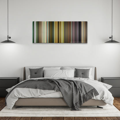 The Hangover Part III color palette canvas above a bed, between two black pendant lamps