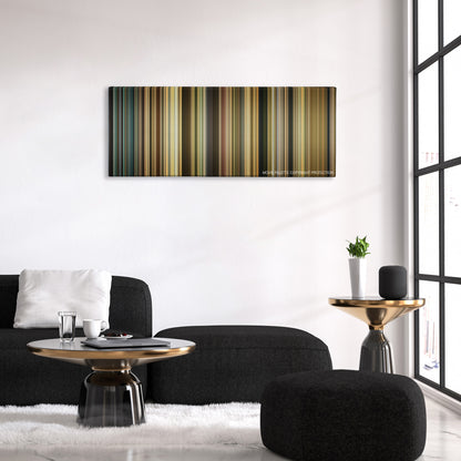 The Best Exotic Marigold Hotel color palette canvas above a black sofa with a gold-topped table