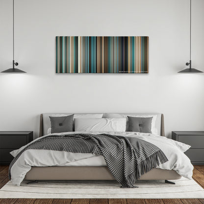 Lord of War color palette canvas above a bed, between two black pendant lamps