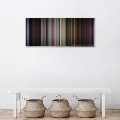 The King of Comedy color palette canvas above a white bench with three woven baskets
