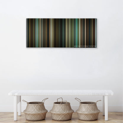 Edge of Darkness color palette canvas above a white bench with three woven baskets