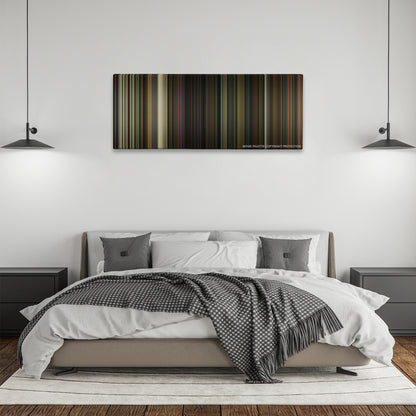 The Nice Guys color palette canvas above a bed, between two black pendant lamps