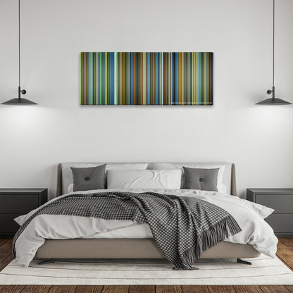 Contagion color palette canvas above a bed, between two black pendant lamps