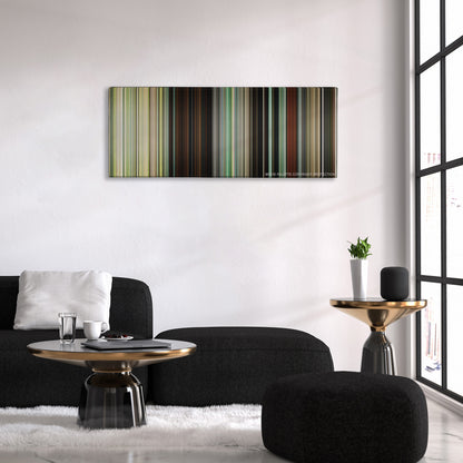 Atonement color palette canvas above a black sofa with a gold-topped table