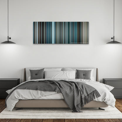 The Bourne Legacy color palette canvas above a bed, between two black pendant lamps