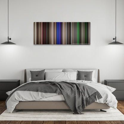 Neighbors color palette canvas above a bed, between two black pendant lamps