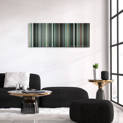 Hereafter color palette canvas above a black sofa with a gold-topped table