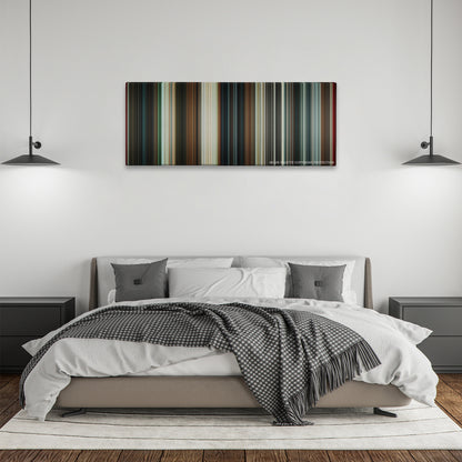 The Man from U.N.C.L.E. color palette canvas above a bed, between two black pendant lamps