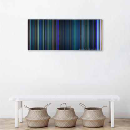 The Abyss color palette canvas above a white bench with three woven baskets