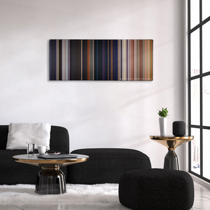 Avengers: Infinity War color palette canvas above a black sofa with a gold-topped table