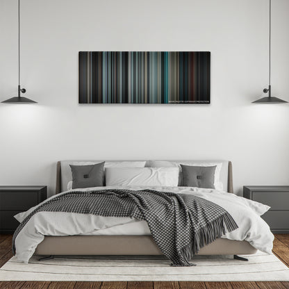 Insidious color palette canvas above a bed, between two black pendant lamps