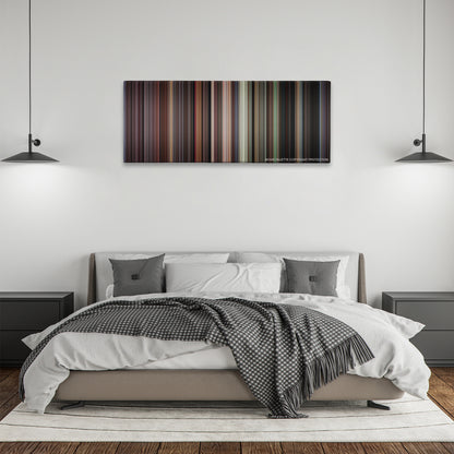 Donnie Brasco color palette canvas above a bed, between two black pendant lamps