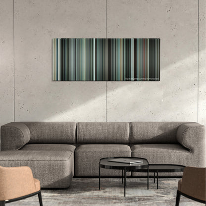 Hereafter color palette canvas on a concrete wall above a gray sectional sofa