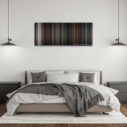 Bird Box color palette canvas above a bed, between two black pendant lamps