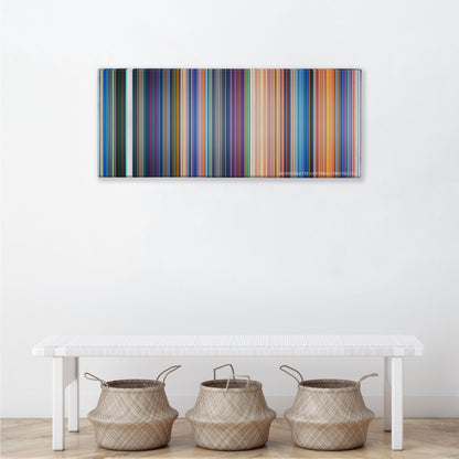 The Little Mermaid color palette canvas above a white bench with three woven baskets
