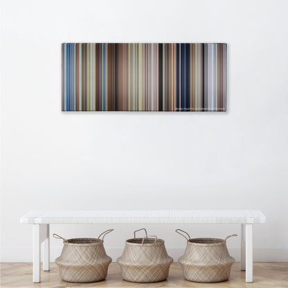 50 First Dates color palette canvas above a white bench with three woven baskets