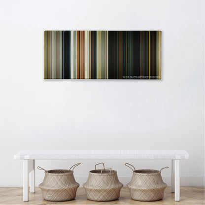 Gemini Man color palette canvas above a white bench with three woven baskets
