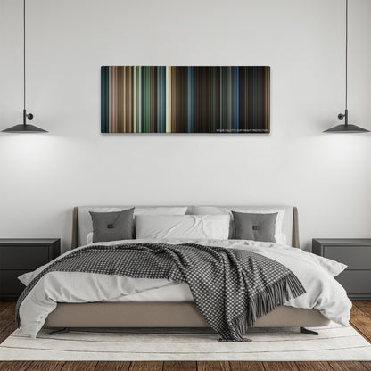 Jurassic World: Fallen Kingdom color palette canvas above a bed, between two black pendant lamps
