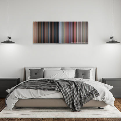 Death Proof color palette canvas above a bed, between two black pendant lamps