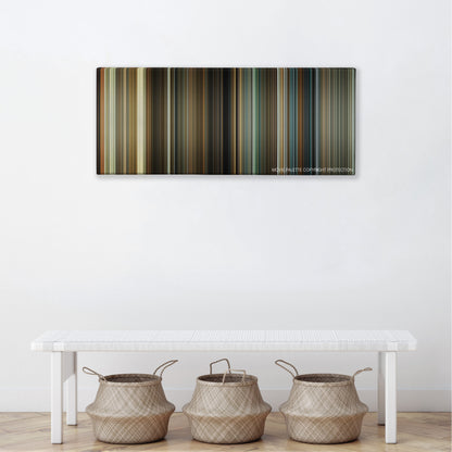 The Box color palette canvas above a white bench with three woven baskets
