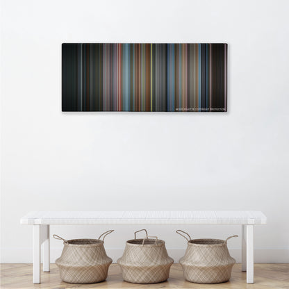 Men in Black color palette canvas above a white bench with three woven baskets