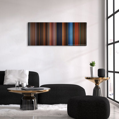 The Phantom of the Opera color palette canvas above a black sofa with a gold-topped table