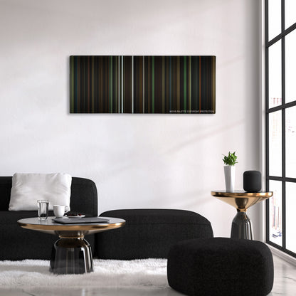 Harry Potter and the Half-Blood Prince color palette canvas above a black sofa with a gold-topped table
