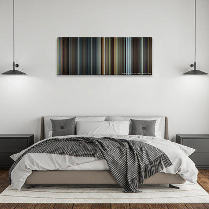 Snow White and the Huntsman color palette canvas above a bed, between two black pendant lamps