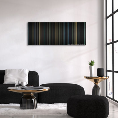 Harry Potter and the Deathly Hallows: Part 1 color palette canvas above a black sofa with a gold-topped table