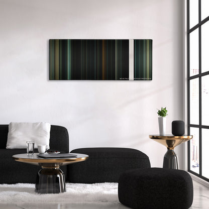 Harry Potter and the Deathly Hallows: Part 2 color palette canvas above a black sofa with a gold-topped table
