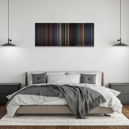 Batman Returns color palette canvas above a bed, between two black pendant lamps
