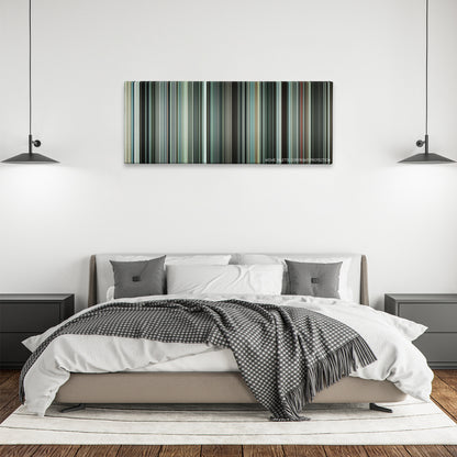 Hereafter color palette canvas above a bed, between two black pendant lamps