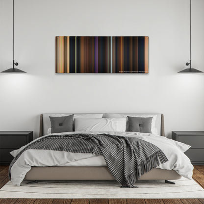 Beauty and the Beast color palette canvas above a bed, between two black pendant lamps