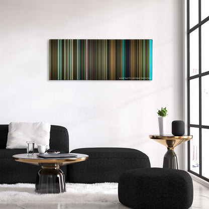 Revolver color palette canvas above a black sofa with a gold-topped table
