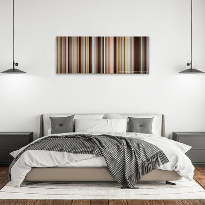 Demolition color palette canvas above a bed, between two black pendant lamps