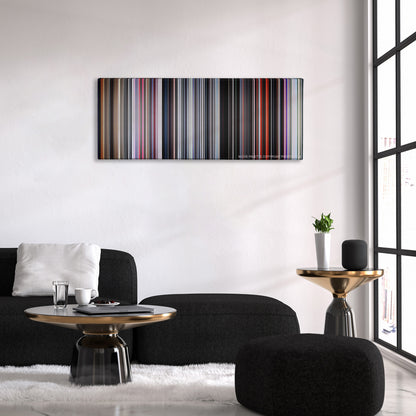 2001: A Space Odyssey color palette canvas above a black sofa with a gold-topped table