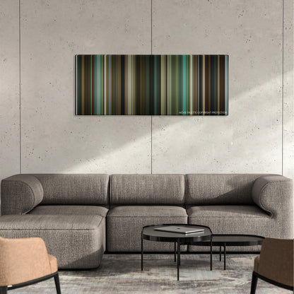 Edge of Darkness color palette canvas on a concrete wall above a gray sectional sofa